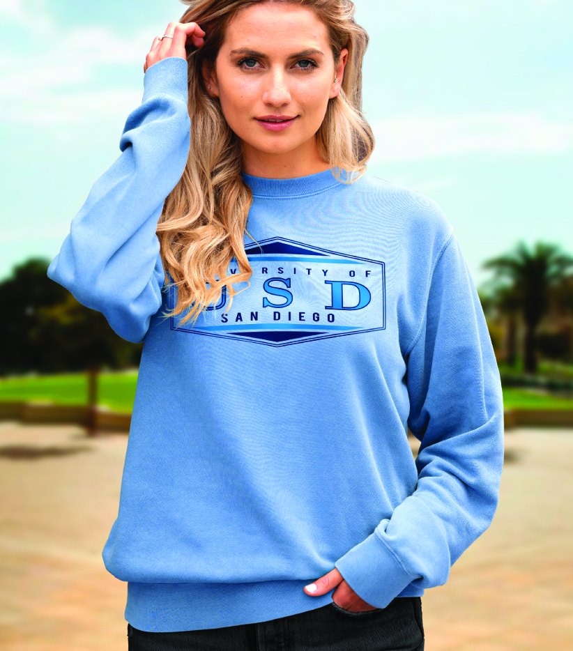 Model wearing a blue University of San Diego collegiate sweatshirt